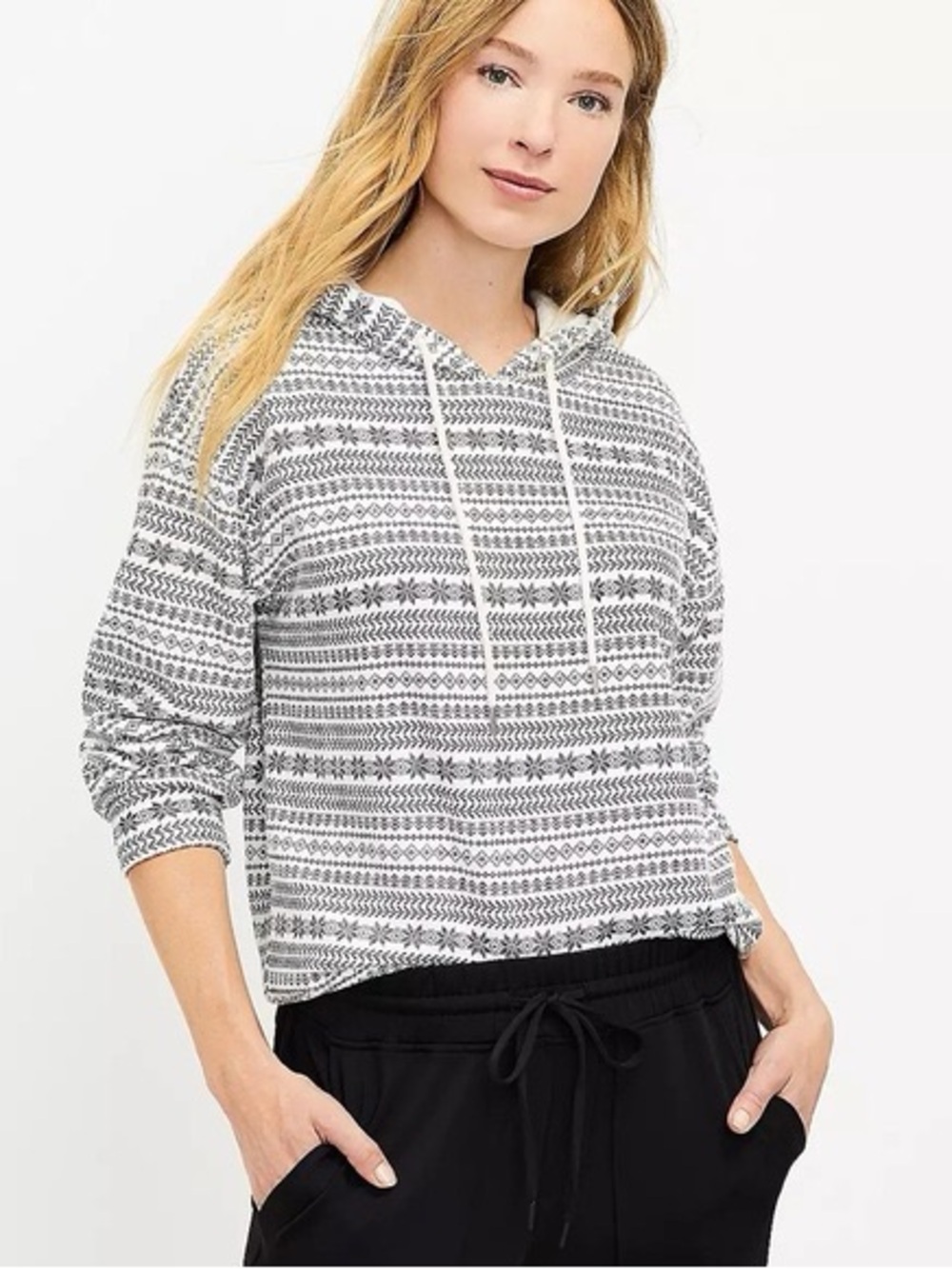 Lou & Grey Nordic Print Hoodie Pullover Gray White Cotton Blend, Size XS